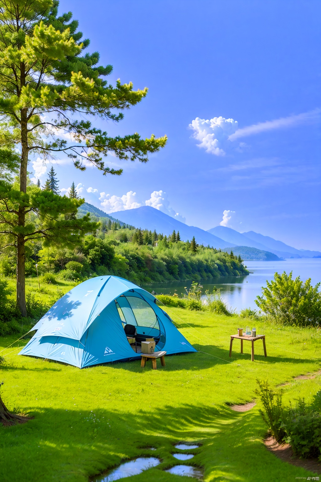  sky, landscape, tree, outdoors, grass, mountains, nature, blurred background, blue sky and white clouds, forest, horizon, lake, tent, RAW photo, high resolution, ultra fine section, high detail RAW color photo, professional photo, masterpiece, best quality, RV, stool
