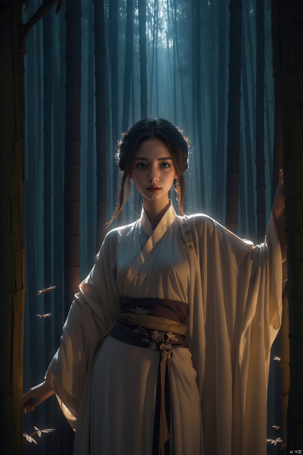 1girl, hanfu,masterpiece, best quality, super wide angle, best fingers, facing viewer, full frontal, magnificent, celestial, ethereal, painterly, epic, majestic, magical, fantasy art, cover art, dreamy, elegant, cinematic, background illuminated, rich deep colors, ambient dramatic atmosphere, creative, perfect, beautiful composition, intricate, detailed
 light and shadow interweaving, atmosphere creation, detail processing, visual appeal,