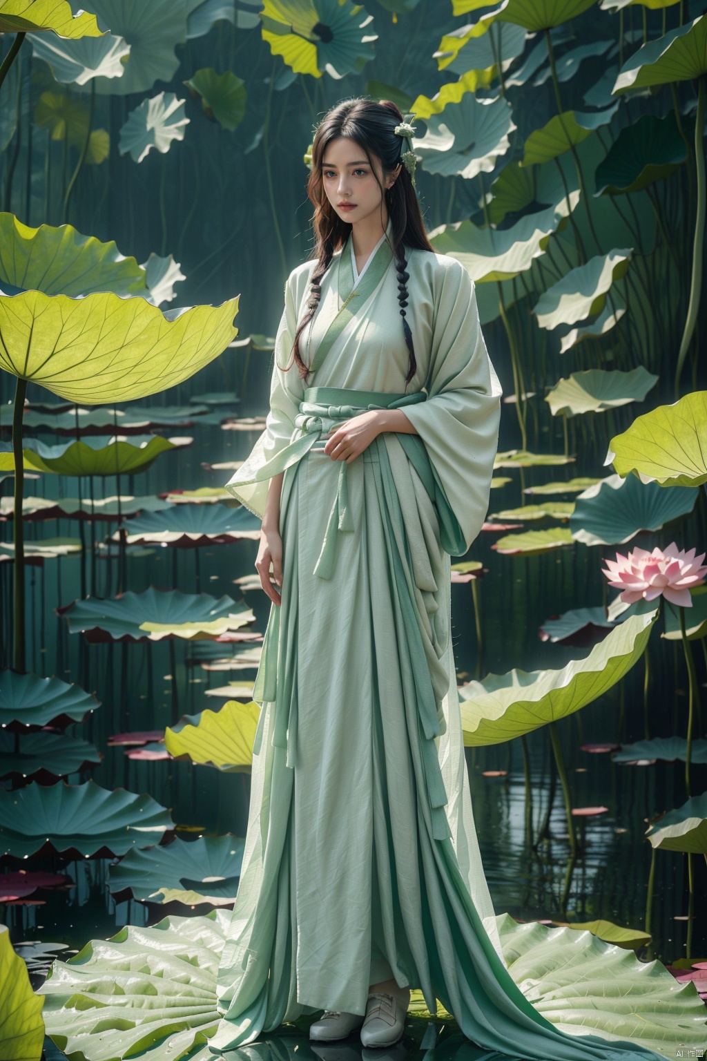 1 Girl, long legs, (wearing a white fairy gauze skirt Hanfu fashion: 1.3), full body, (standing in a huge lotus leaf: 1.2), white long hair band, wearing antique white cloth shoes, 8k,RAW photo, best quality, Masterpiece :1.2), (realistic, photo realistic :1.37), (green theme :1.2), creative, perfect, beautifully composed, complex, nuanced, light and shadow, atmosphere, detail, visual appeal, lotus leaf, Master of light and shadow