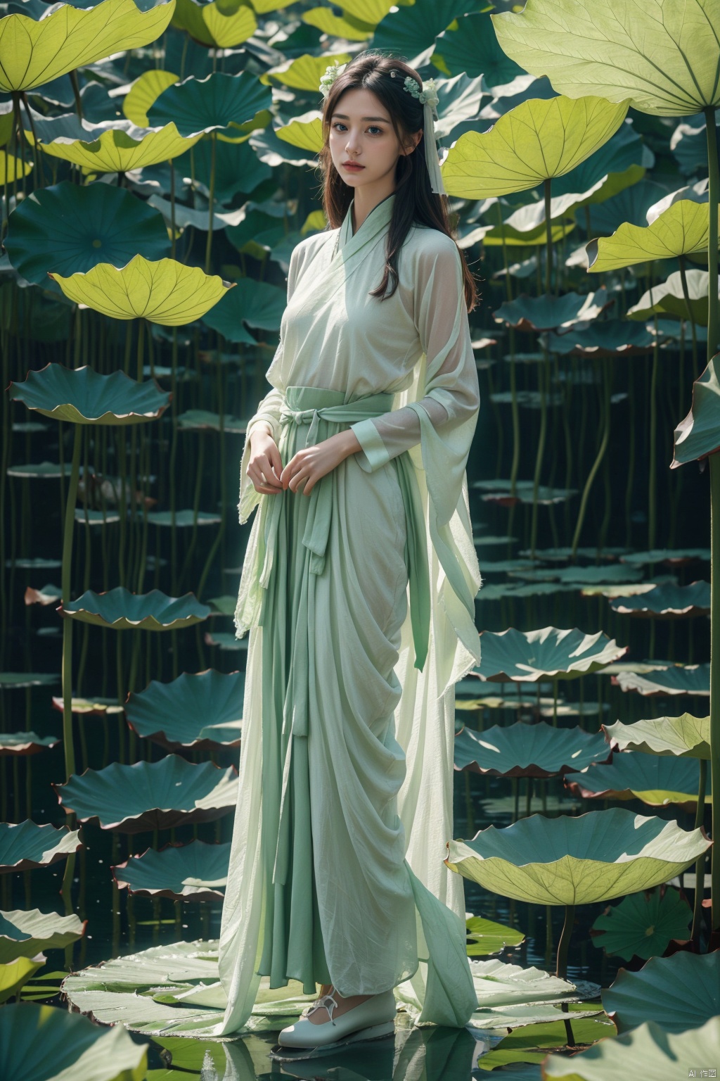 1 girl, long legs, Hanfu fashion, whole body, standing in giant lotus leaves, long white headband, wearing white fairy gauze skirt, wearing antique white cloth shoes, 8k,RAW photo, best quality, masterpiece :1.2), (realistic, photo realistic :1.37), (green theme :1.2), creative, perfect, beautifully composed, intricate, nuanced
Light and shadow, atmosphere, detail, visual appeal, lotus leaf
