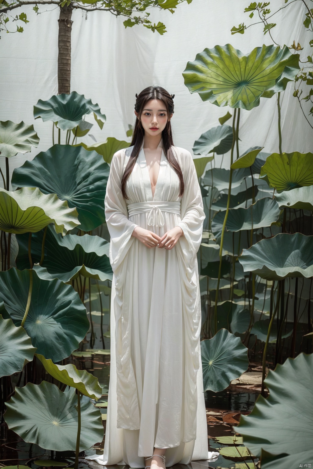 1 Girl, long legs, (wearing a Hanfu fashion white dress :1.3), whole body, (standing on a huge lotus leaf :1.2), Natural expression, white long hair band, wearing antique white cloth shoes, 8k,RAW photo, best quality, Masterpiece :1.2), (realistic, Photo realistic :1.37), (green theme :1.2), creative, perfect, Beautiful composition, complex, meticulous, light and shadow, atmosphere, details, visual appeal, lotus leaf, light master, light master, ziruyuxia