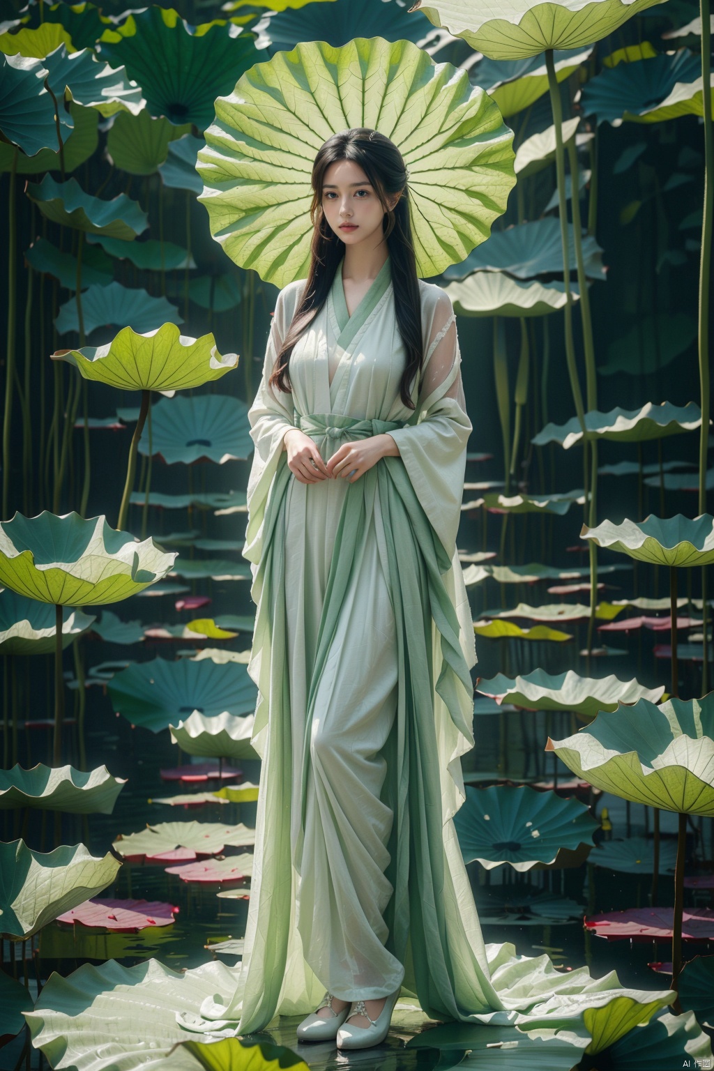 1 Girl, long legs, wearing white fairy gauze dress Hanfu fashion, whole body, (standing in a huge lotus leaf: 1.2), white long hair band, wearing antique white cloth shoes, 8k,RAW photo, best quality, Masterpiece :1.2), (realistic, photo realistic :1.37), (green theme :1.2), creative, perfect, beautifully composed, complex, nuanced, light and shadow, atmosphere, detail, visual appeal, lotus leaf, Master of light and shadow