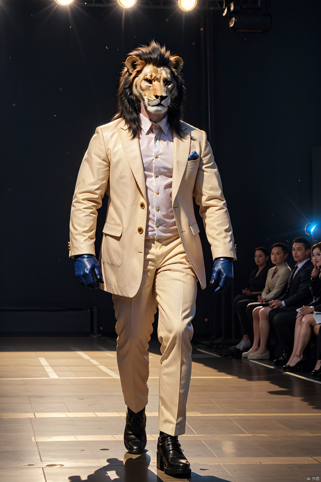  (nobody:2),This is a Remy lion model,the stage is full of various animals,a proud lion confidently strutted onto the runway,white body draped in a stunning blue plush coat,the inside of the suit,wearing white gloves,with a yellow hat,every step exudes confidence and charm,captivating everyone's eyes. The spotlight hits me,Full body shot,wide Angle lens,best quality,Masterpiece 8k.hdr. Intricate detail,ultra detailed,8k,Masterpiece,best quality,archdaily,Detail,extreme clarity,dragon_horns,hair_on_horn,Depth of Field, dongwuxizhuang