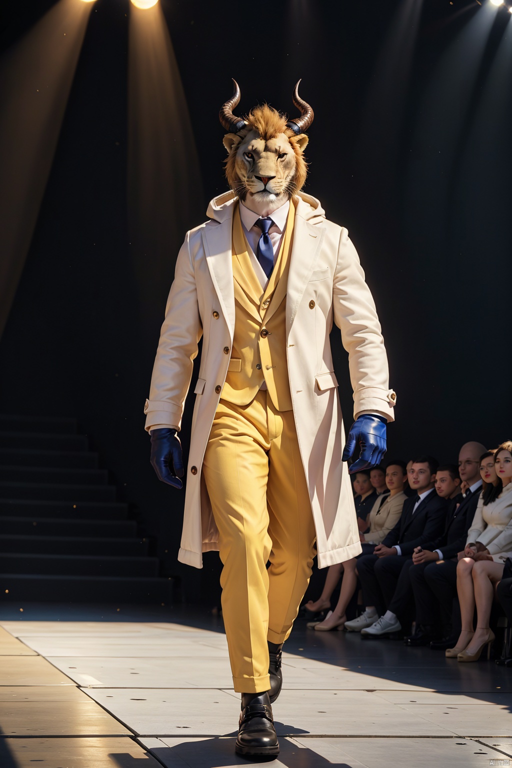  (nobody:2),This is a Remy lion model,the stage is full of various animals,a proud lion confidently strutted onto the runway,white body draped in a stunning blue plush coat,the inside of the suit,wearing white gloves,with a yellow hat,every step exudes confidence and charm,captivating everyone's eyes. The spotlight hits me,Full body shot,wide Angle lens,best quality,Masterpiece 8k.hdr. Intricate detail,ultra detailed,8k,Masterpiece,best quality,archdaily,Detail,extreme clarity,dragon_horns,hair_on_horn,Depth of Field, dongwuxizhuang