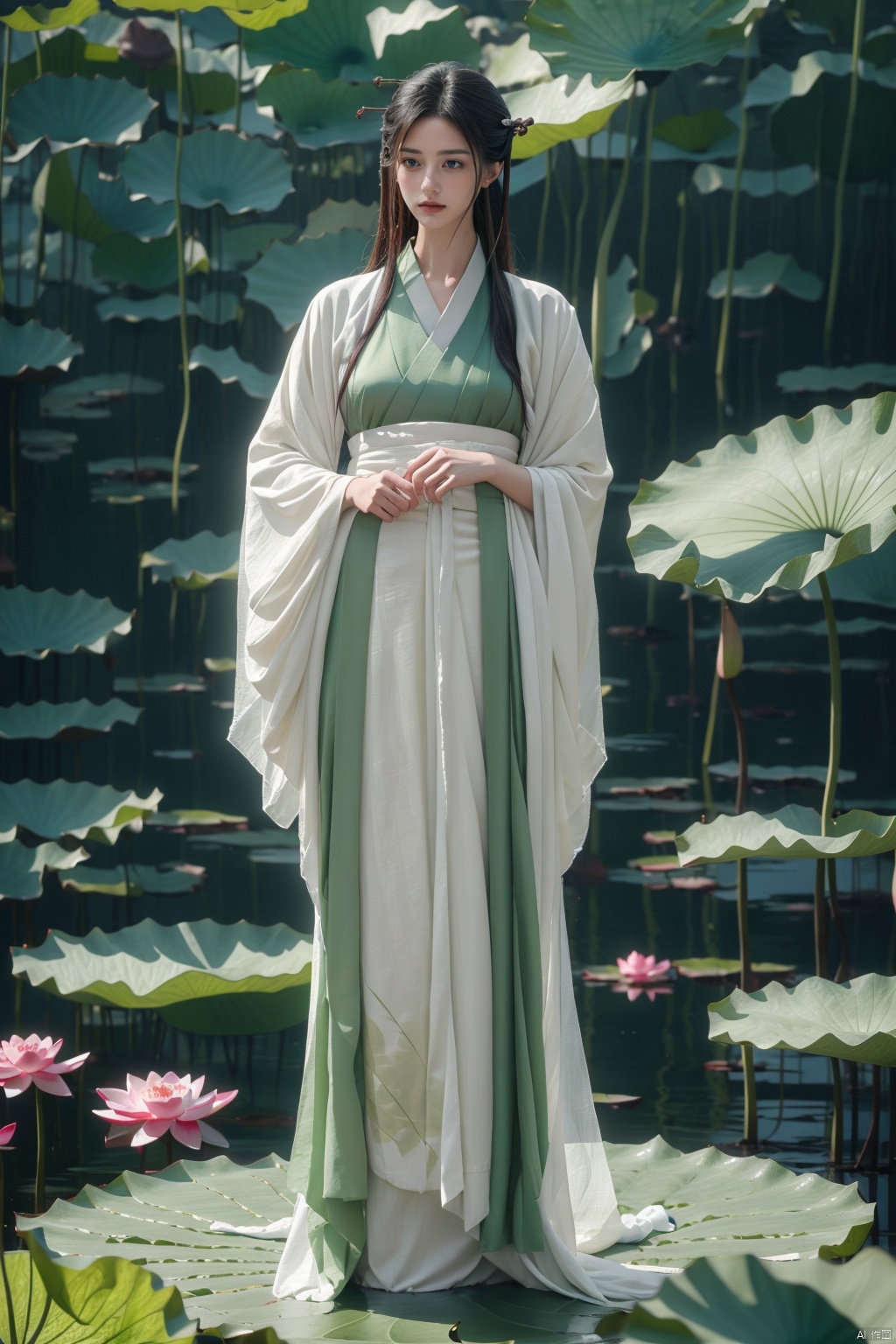 1 Girl, long legs, (wearing a white fairy gauze skirt Hanfu fashion: 1.3), full body, (standing in a huge lotus leaf: 1.2), white long hair band, wearing antique white cloth shoes, 8k,RAW photo, best quality, Masterpiece :1.2), (realistic, photo realistic :1.37), (green theme :1.2), creative, perfect, beautifully composed, complex, nuanced, light and shadow, atmosphere, detail, visual appeal, lotus leaf, Master of light and shadow