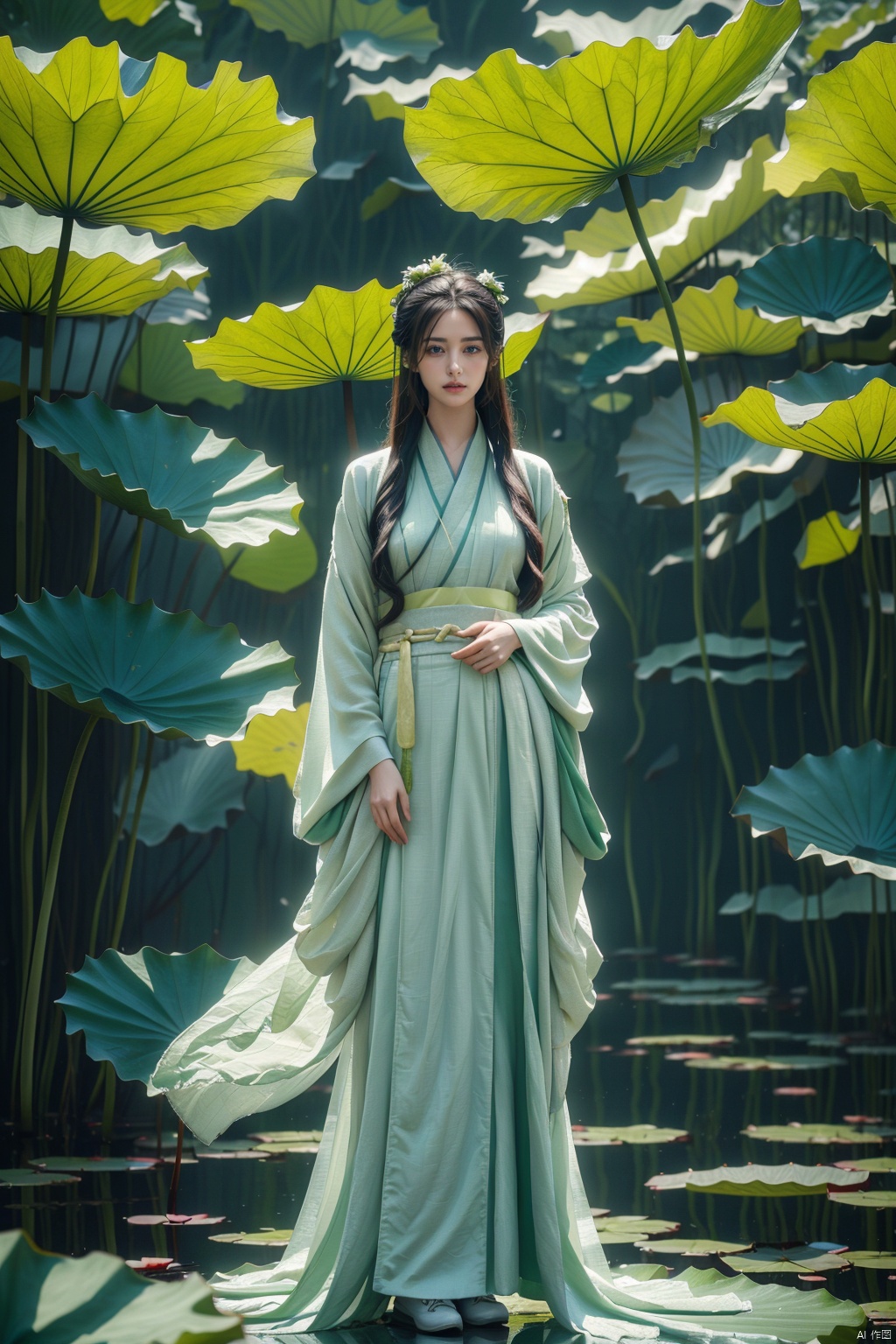 1 Girl, long legs, (wearing a white fairy gauze skirt Hanfu fashion: 1.3), full body, (standing in a huge lotus leaf: 1.2), white long hair band, wearing antique white cloth shoes, 8k,RAW photo, best quality, Masterpiece :1.2), (realistic, photo realistic :1.37), (green theme :1.2), creative, perfect, beautifully composed, complex, nuanced, light and shadow, atmosphere, detail, visual appeal, lotus leaf, Master of light and shadow