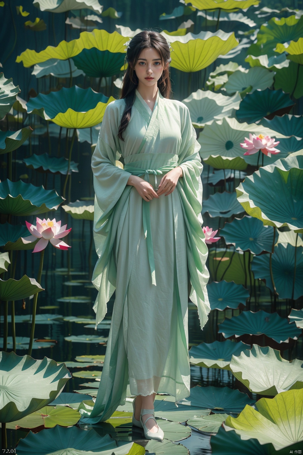 1 Girl, long legs, wearing white fairy gauze dress Hanfu fashion, whole body, (standing in a huge lotus leaf: 1.2), white long hair band, wearing antique white cloth shoes, 8k,RAW photo, best quality, Masterpiece :1.2), (realistic, photo realistic :1.37), (green theme :1.2), creative, perfect, beautifully composed, complex, nuanced, light and shadow, atmosphere, detail, visual appeal, lotus leaf, Master of light and shadow