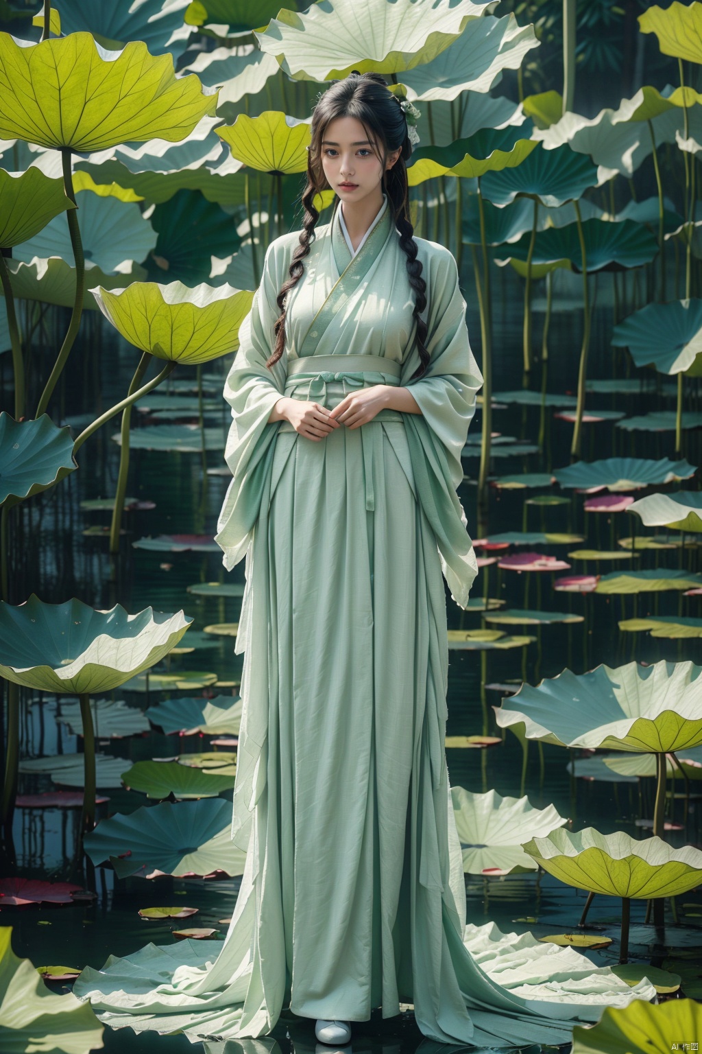 1 Girl, long legs, (wearing a white fairy gauze skirt Hanfu fashion: 1.3), full body, (standing in a huge lotus leaf: 1.2), white long hair band, wearing antique white cloth shoes, 8k,RAW photo, best quality, Masterpiece :1.2), (realistic, photo realistic :1.37), (green theme :1.2), creative, perfect, beautifully composed, complex, nuanced, light and shadow, atmosphere, detail, visual appeal, lotus leaf, Master of light and shadow