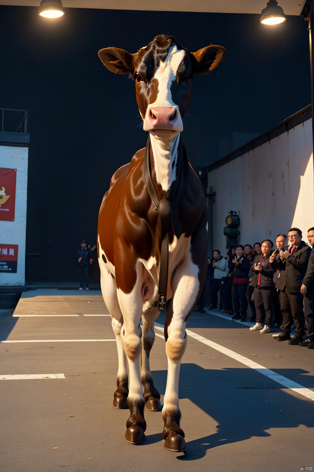 (No one :2), this is a Remy Martin cow model, the stage is full of various animals, a fox struts onto the runway, soft body draped in a stunning woven sweater, every step exudes confidence and charm, very seductive eyes to attract everyone's attention. Beautiful hair, spotlight on the fox, full body shot, wide Angle lens, best quality, masterpiece 8k.hdr. Intricate detail, Super detail, 8k, Masterpiece, Best quality, archdaily, Detail, extreme clarity, hair_on_horn, Depth of field, dongwuxizzhuang