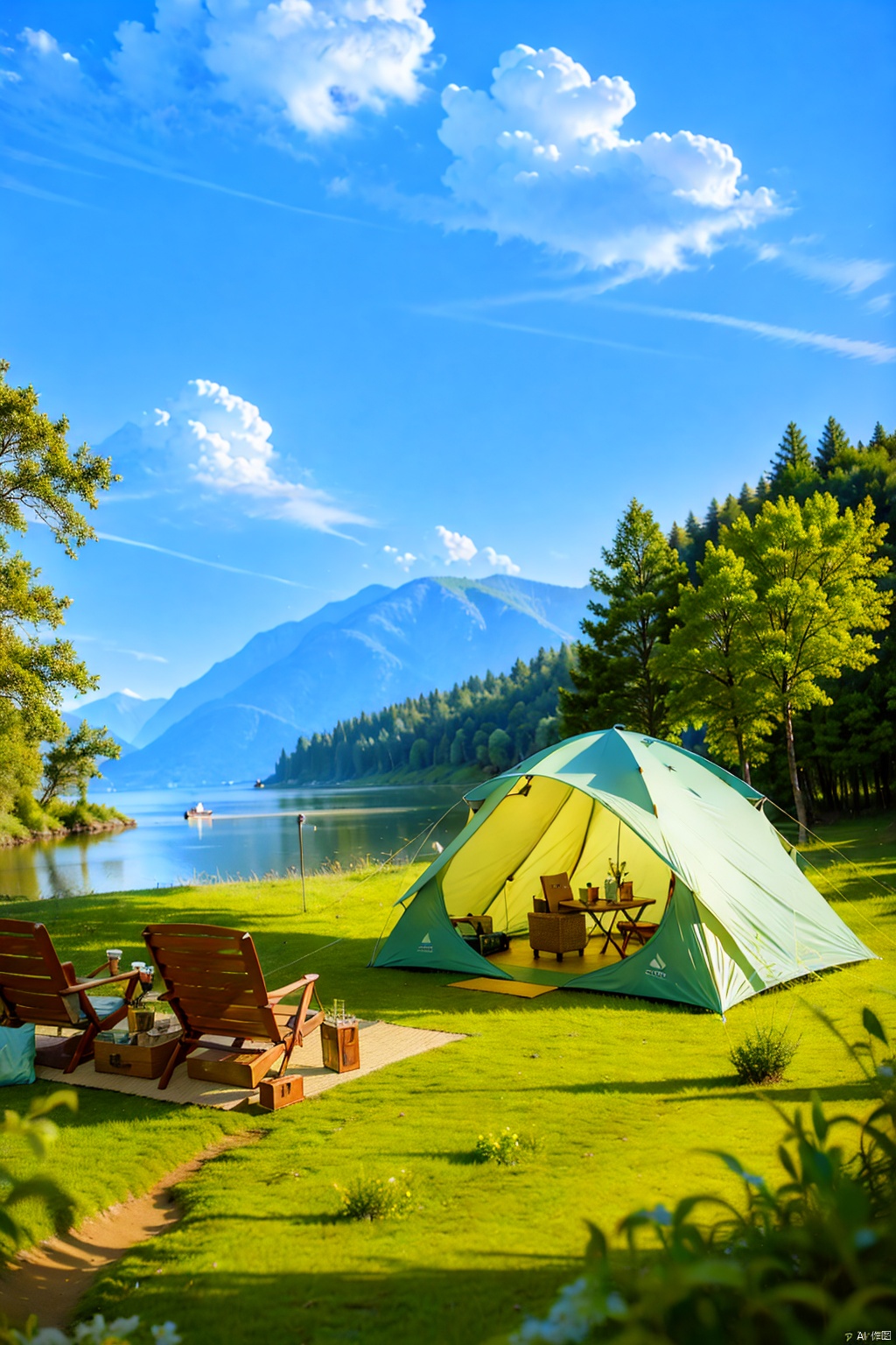  sky, landscape, tree, outdoors, grass, mountains, nature, blurred background, blue sky and white clouds, forest, horizon, lake, tent, RAW photo, high resolution, ultra fine section, high detail RAW color photo, professional photo, masterpiece, best quality, RV, stool, slg, lvshui-green dress