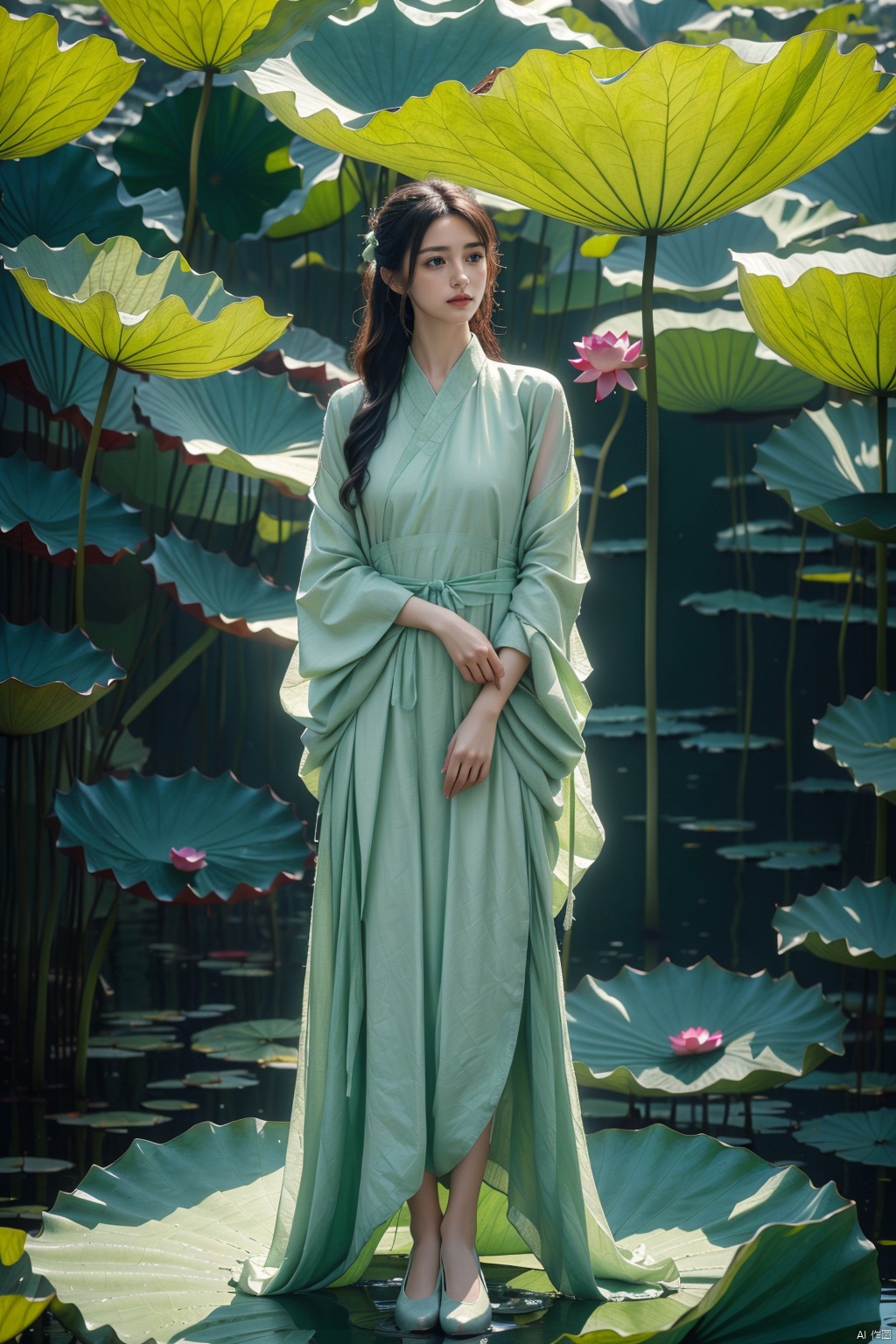 1 Girl, long legs, wearing white fairy gauze dress Hanfu fashion, whole body, (standing in a huge lotus leaf: 1.2), white long hair band, wearing antique white cloth shoes, 8k,RAW photo, best quality, Masterpiece :1.2), (realistic, photo realistic :1.37), (green theme :1.2), creative, perfect, beautifully composed, complex, nuanced, light and shadow, atmosphere, detail, visual appeal, lotus leaf, Master of light and shadow