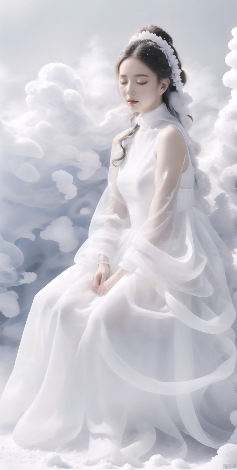  A girl sitting in the white snow closed her eyes and her body had turned white, Be covered with snow, All white, all white, all snow, White statue, (full_body:1.2), (full body:1.2), 
, sg, tm