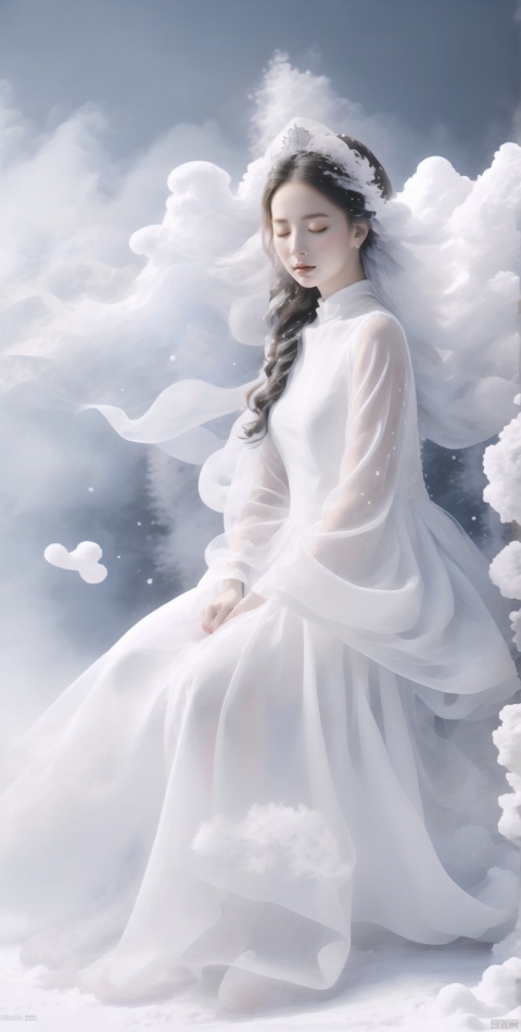  A girl sitting in the white snow closed her eyes and her body had turned white, Be covered with snow, All white, all white, all snow, White statue, (full_body:1.2), (full body:1.2), 
, sg, tm