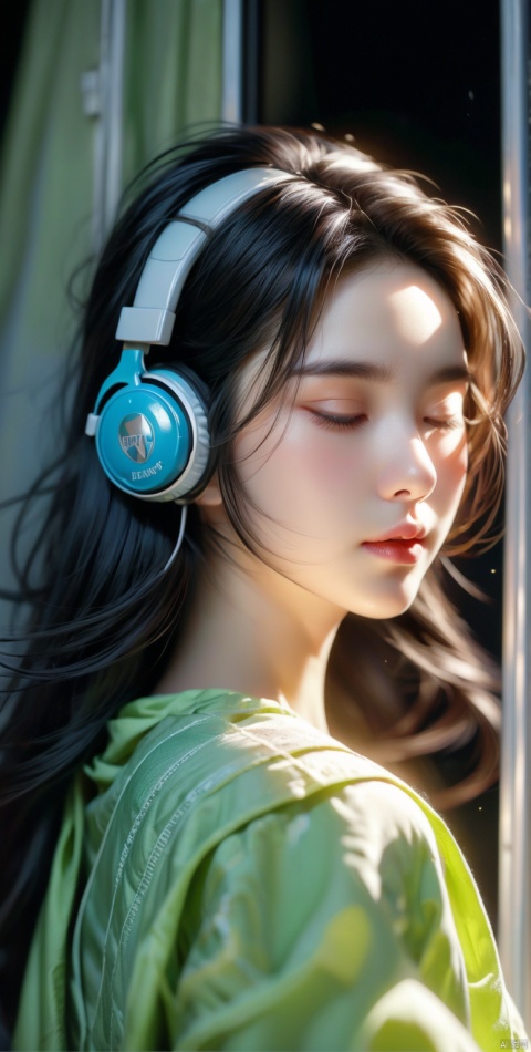  1girl leans against the door of a train, his eyes closed as he listens to music through his headphones,(The train is passing through a city at night), and the city lights flicker in the window behind him,his face is serene, a contrast to the bustling world outside,The scene captures a moment of personal tranquility amidst the urban chaos,(close up),dark lighting,cyberpunk,HUBG_Film_Texture,plns, (\fan hua\)