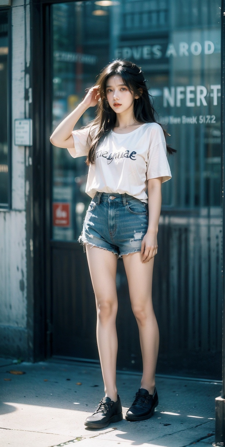  ((Best Quality)), ((Masterpiece)), (Very detailed:1.3), 3D, 1 girl,solo,(((full body))),Japanese girl, Japanese street style wear, T-shirt, shorts, cool, long hair, long ponytail, wearing sunglasses, street photo, Tokyo street,HDR (high dynamic range), ray tracing, nvidia RTX, super resolution, Unreal 5, subsurface scattering, PBR texture, post-processing, anisotropic filtering, depth of field, Maximum sharpness and sharpness, multi-layered textures, albedo and highlight maps, surface shading, accurate simulation of light-material interactions, perfect ratios, octane rendering, duotone lighting, low ISO, white balance, rule of thirds, wide aperture, 8K RAW, efficient sub-pixels, subpixel convolution, luminous particles, dynamic pose, Wuqiii