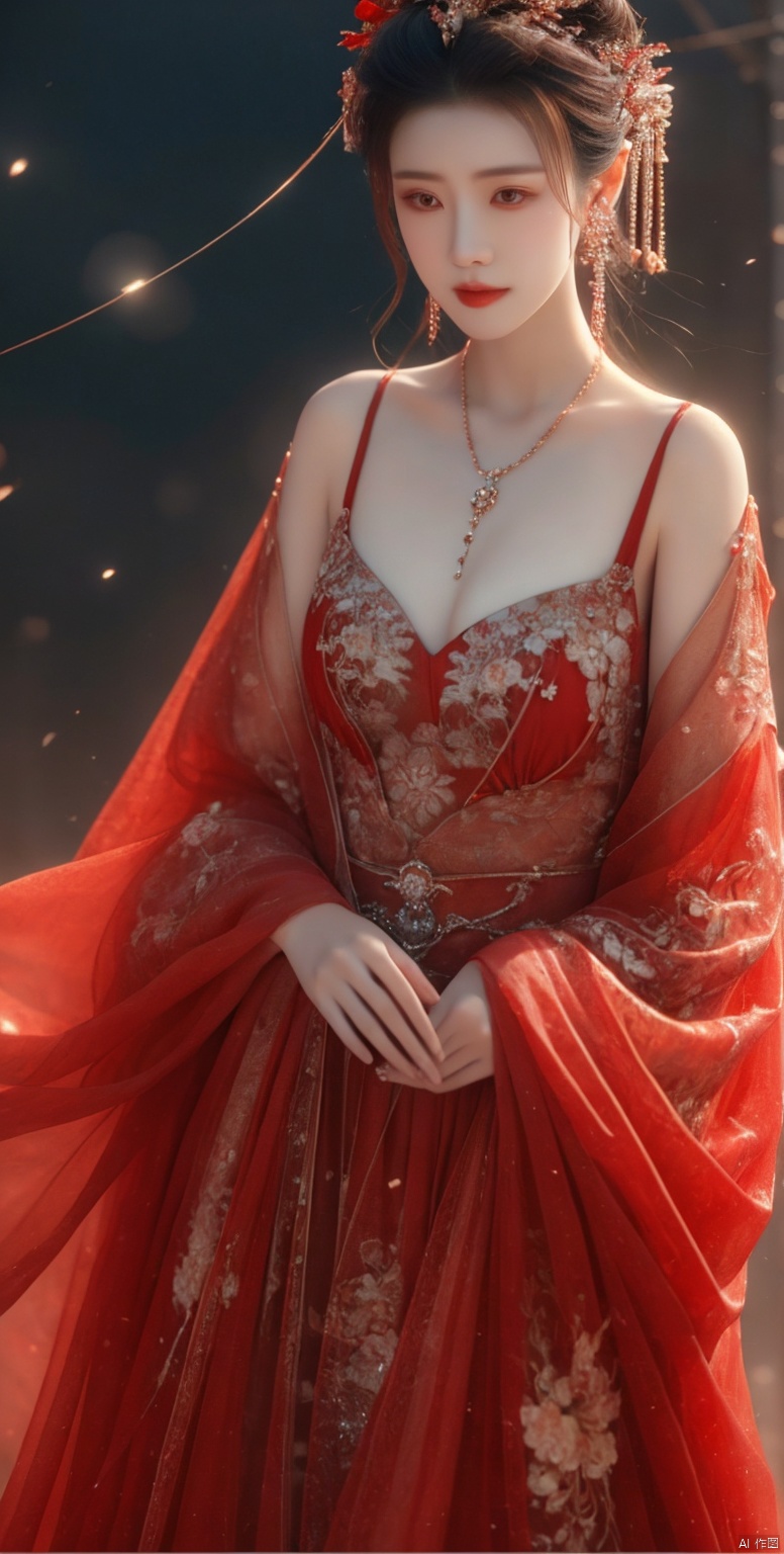  masterpiece,(best quality),official art, extremely detailed cg 8k wallpaper,((crystalstexture skin)), (extremely delicate and beautiful),highly detailed,yuechan,
1girl, solo, lips,jewelry, breasts, long_hair, medium_breasts, dress,Hair accessories, yuechan, (\shen ming shao nv\), linkedress_red dress