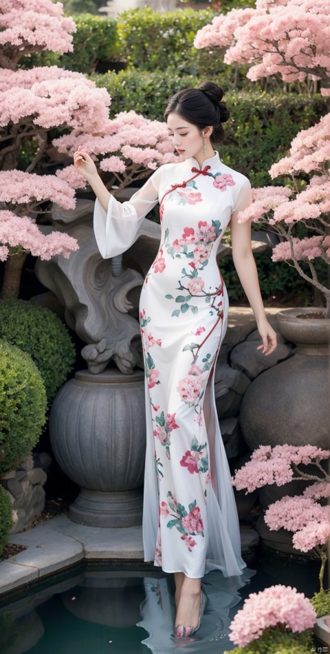  traditional Chinese scenery, a gorgeous woman in a flowing qipao dress, floating in mid-air with grace, surrounded by ethereal mist, a mystical garden with cherry blossom trees and koi ponds, the sound of wind chimes filling the air, captured in a traditional Chinese ink painting style, with delicate brushwork and textured paper, evoking a sense of tranquility and elegance
, qiqiu