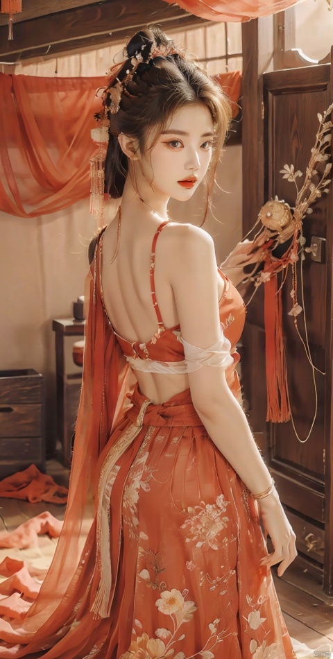 A seductive human model with an exquisite physique, dressed in an ancient Chinese bellyband, adorned with intricate embroidery and delicate patterns. The model’s shoulders and waist are provocatively exposed, and their long legs are highlighted by the clothing. The model has striking silver hair cascading down their back, adding an air of mystery and allure. The scene takes place in a traditional Chinese courtyard, with traditional architectural elements, such as red pillars, carved wooden doors, and stone pathways. The composition is centered around the model, with a balanced arrangement of the surrounding elements, creating a harmonious and visually pleasing image. The atmosphere is sensual and captivating, with a blend of sensuality and traditional elegance. The style is a mix of photography and digital art, with a focus on capturing the model’s beauty and the intricacies of the costume. , dunhuang, linkedress_red dress, mgirl