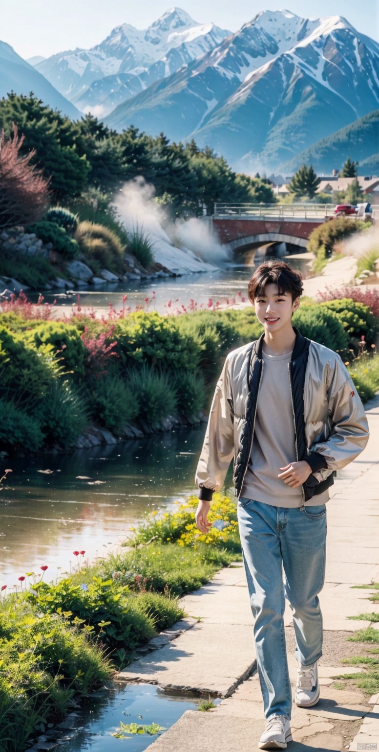 A couple strolls in the morning mist at the park. Their smiles are as bright as the sunlight, warming the entire scene. The camera slowly zooms out, revealing the beautiful scenery around them, with mountains, rivers, and their love reflecting each other.