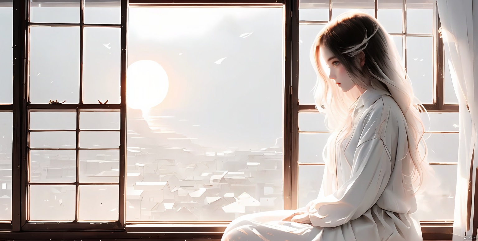 best quality,highly detailed,masterpiece,ultra-detailed,illustration,A girl, solo,sitting by the window, watching the sunset, long hair, bleached, black and white,