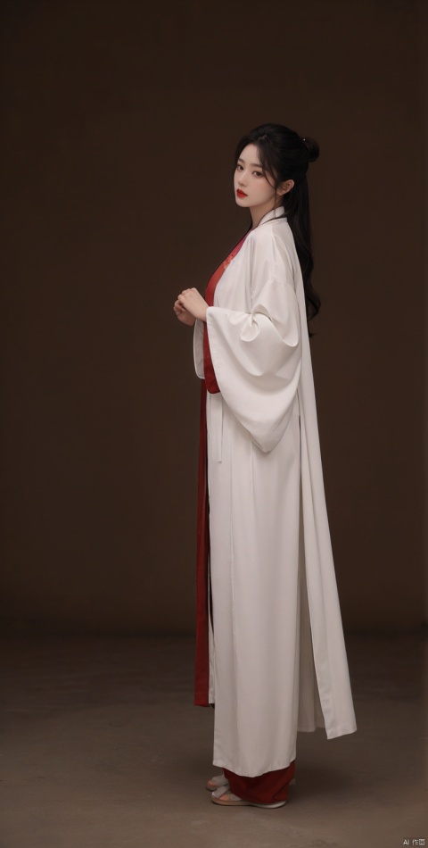  1girl, solo, (((full body))),long hair, looking at viewer, simple background, (black hair:1.2), closed mouth, upper body, artist name, from side, looking to the side, makeup, straight hair, brown background, red lips, (red Hanfu:1.2), (realistic:1.2), red robe, Chinese style