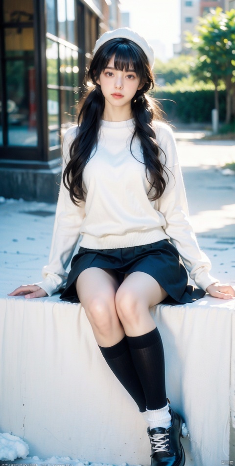  NH,1girl,solo,skirt,hat,black hair,red headwear,sweater,twintails,looking at viewer,outdoors,red sweater,bangs,grey skirt,photo background,pleated skirt,socks,long hair,long sleeves,black eyes,black skirt,
blurry background,blunt bangs,
black footwear,white socks,shoes,sleeves past wrists,day,
miniskirt,loose socks,snow,(sitting:1.3),, (raw photo:1.2),((photorealistic:1.4))best quality,masterpiece,illustration,an extremely delicate and beautiful,extremely detailed,CG,unity,8k wallpaper,Amazing,finely detail,masterpiece,best quality,official art,extremely detailed CG unity 8k wallpaper,absurdres,incredibly absurdres,huge filesize,ultra-detailed,highres,extremely detailed,beautiful detailed girl,cinematic lighting,1girl,pale skin,tall female,(perfect body shape),skinny body,Slender legs,, pale skin,tall man,long legs,thin leg, ytrc