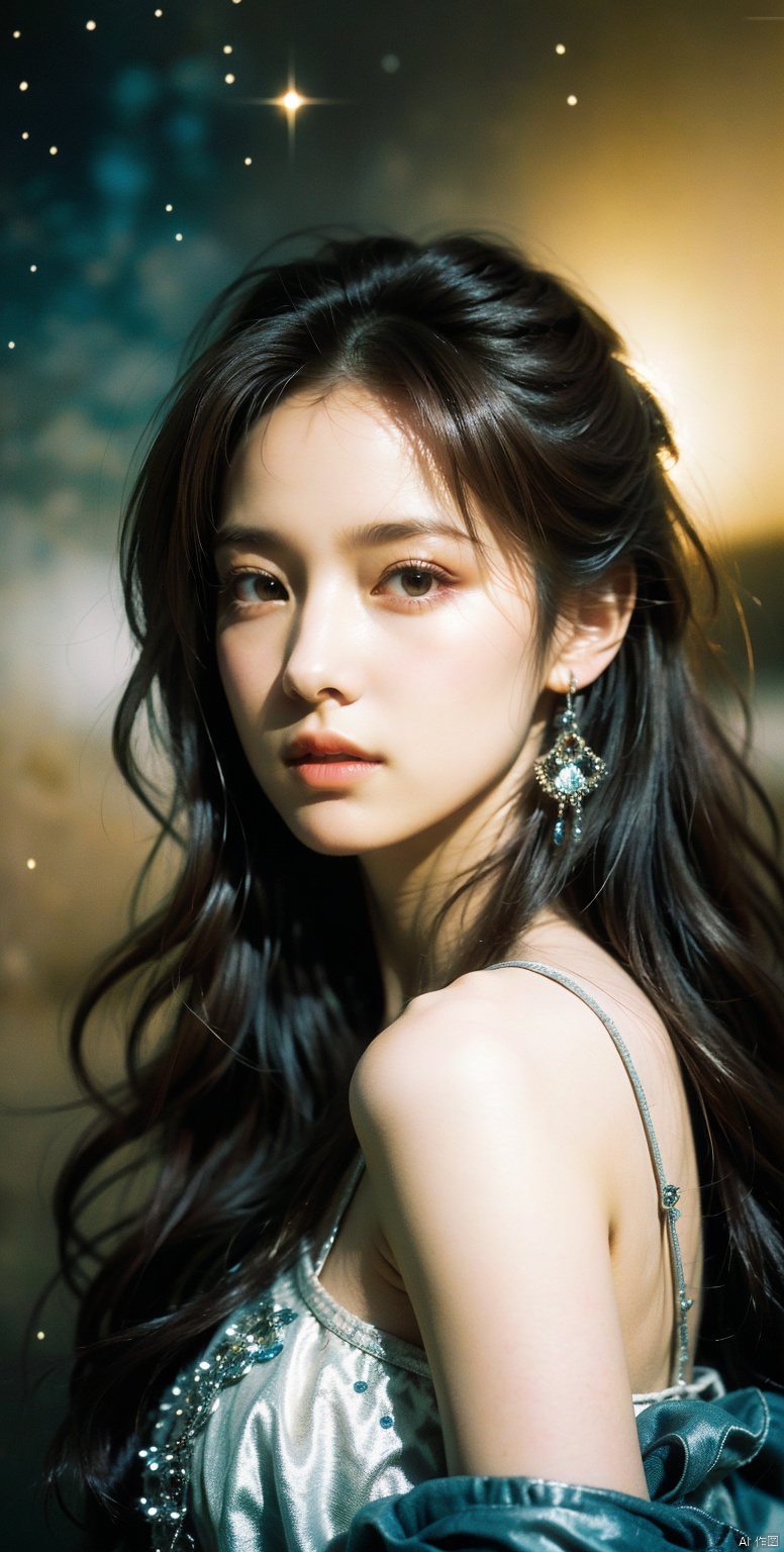  1girl, dance, Fairy, crystal, jewels,black, wings,All the Colours of the Rainbow, Crystal clear,solo, long hair, looking at viewer,black hair,jewelry, earrings,lips, makeup, portrait, eyeshadow, realistic, nose,{{best quality}}, {{masterpiece}}, {{ultra-detailed}}, {illustration}, {detailed light}, {an extremely delicate and beautiful}, a girl, {beautiful detailed eyes}, stars in the eyes, messy floating hair, colored inner hair, Starry sky adorns hair, depth of field,zj,