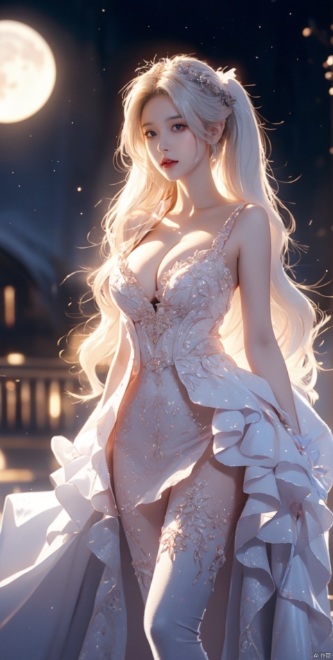  best quality,highly detailed,masterpiece,ultra-detailed,illustration,solo,an extremely delicate and beautiful,8k_wallpaper,ultra-detailed,cinematic lighting,white hair,bishoujo,extremely detailed,beautiful detailed eyes,medium breast,an extremely delicate and beautiful girl,world masterpiece theater,dynamic angle,looking_at_viewers,extremely detailed CG unity 8k wallpaper,glowing eyes,masterpiece,best illustration,beautiful detailed glow,shine,white_hair,full body,beautiful detailed starry sky,pony-tail,1girl,Bright stars,frills,hairs between eyes,dramatic_angle,Depth of field,red moon,cleavage dress,black leggings ,hair_bow,moon,stars, huliya, cute girl