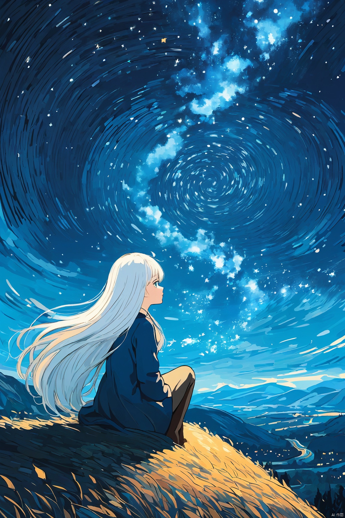  illustration, ((close)),from side,a kawaii girl with long white hair, featuring bangs and captivating blue eyes,sitting,looking at the sky, a path to dreams,(cartoon:1.2),BREAK,beauty,\
(Van Gogh's starry night\:1.2), dreams, health, art, illustrations,Create a dreamlike starry background, warm and beautiful, abstract and realistic, an extremely delicate and beautiful,extremely detailed,8k wallpaper,Amazing,finely detail,best quality,official art,extremely detailed, CG, unity, 8k, wallpaper , Children's Illustration Style, Scribble,