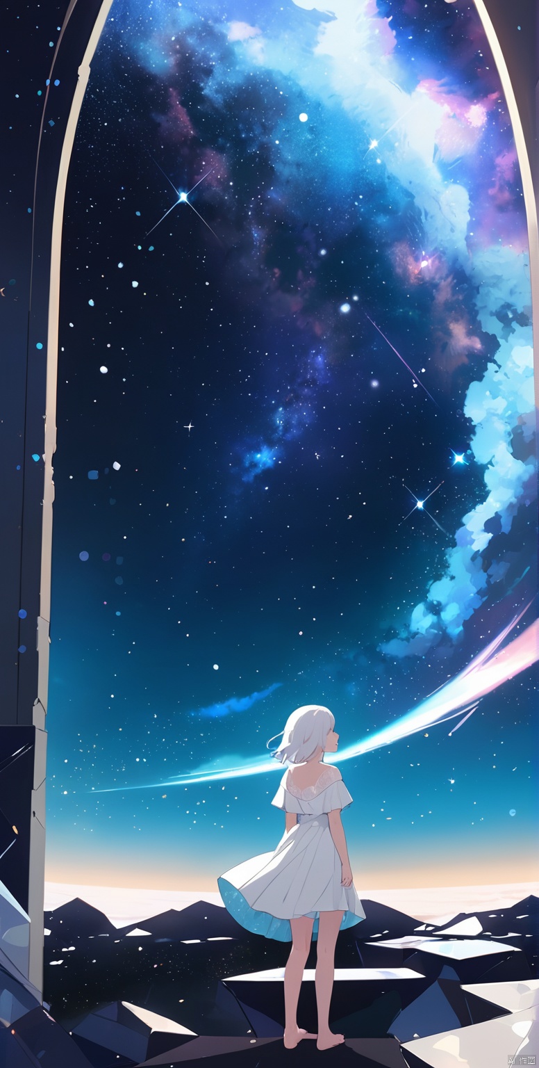  (silver, glimmer)), contrast, phenomenal aesthetic, best quality, sumptuous artwork, (masterpiece), (best quality), (ultra-detailed), (((illustration))), ((an extremely delicate and beautiful)), (detailed light), cold theme, broken glass, broken wall, ((an array of stars)), ((starry sky)), the Milky Way, star, Reflecting the starry water surface,(1girl:1.3), awhite hair, blinking, white dress, closed mouth, constel lation, flat color, white hair, braid, blinking, white robe, barefoot, float, flat color, looking up, standing, medium hair, standing, solo, space, universe, Nebula, many stars, fanxing