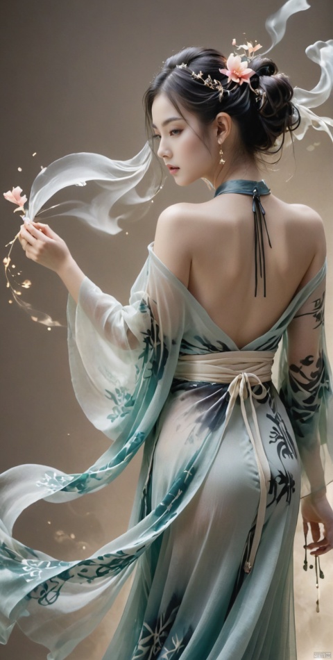  Double Exposure Style,Volumetric Lighting,a girl with Wrap top,arching her back,Traditional Attire,Artistic Calligraphy and Ink,light depth,dramatic atmospheric lighting,Volumetric Lighting,double image ghost effect,image combination,double exposure style, fantasy, g009, 1girl, Fairy, GUOFENG