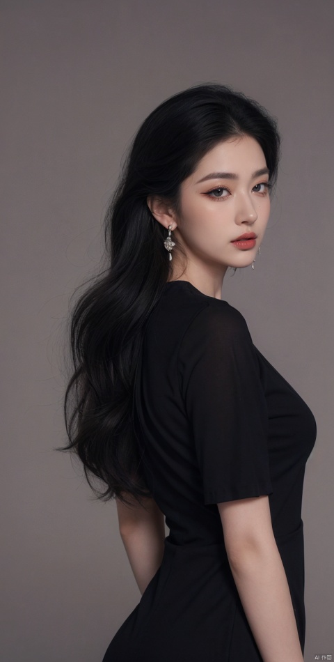  1girl, solo, full body,long hair, looking at viewer, simple background, shirt, (black hair:1.2), dress, jewelry, closed mouth, upper body, flower, earrings, black dress, from side, looking to the side, grey eyes, book, black shirt, makeup, lipstick, brown background, hoop earrings, red lips