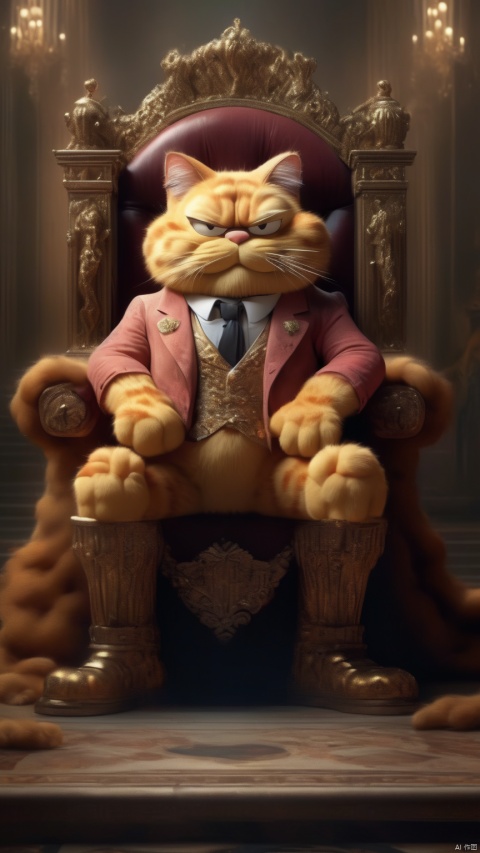 Masterpiece, ((full body)) (Garfield sitting on a throne), ((intricate clothing)), (intricate details), gloomy background, lost in the light
