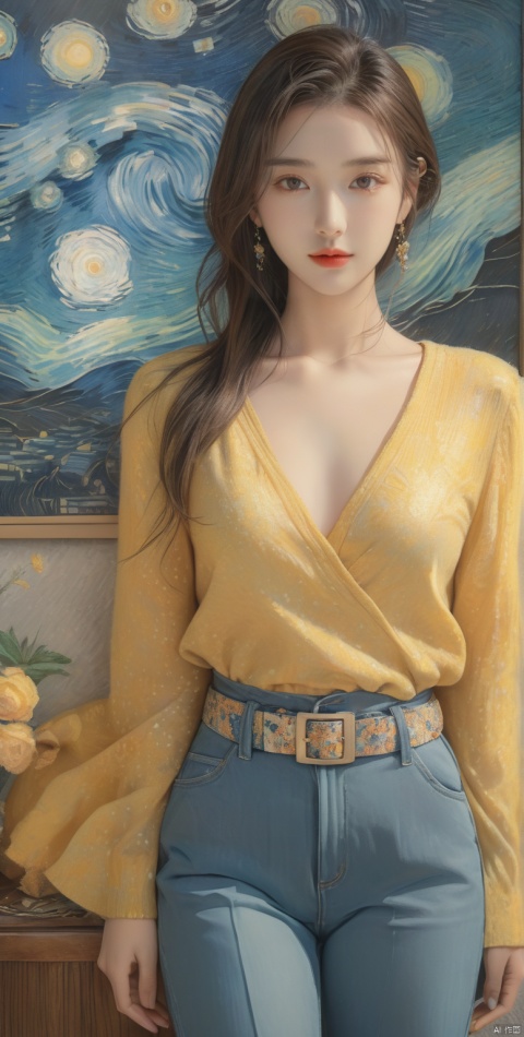  8k, Best Quality, Masterpiece, Super Detail, High Detail skin, Pointillism, Van Gogh style, illustration,1girl,solo,smile,breasts, Dynamic pose, full body, Dynamic clothes,
high fashion photo shoot, Delicate belt, Dynamic background,