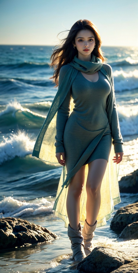  8K,raw,from below,1gril,solo,earrings,(full body:1.3),standing,long legs,sweater,Dark green scarf,sea,The glimmer of the sea,KODAK Ektar 100,(Film grain:1.2),light particles,looking at viewer,