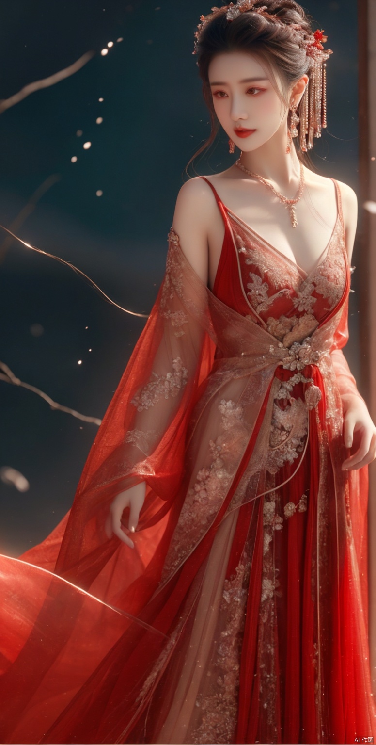  masterpiece,(best quality),official art, extremely detailed cg 8k wallpaper,((crystalstexture skin)), (extremely delicate and beautiful),highly detailed,yuechan,
1girl, solo, lips,jewelry, breasts, long_hair, medium_breasts, dress,Hair accessories, yuechan, (\shen ming shao nv\), linkedress_red dress