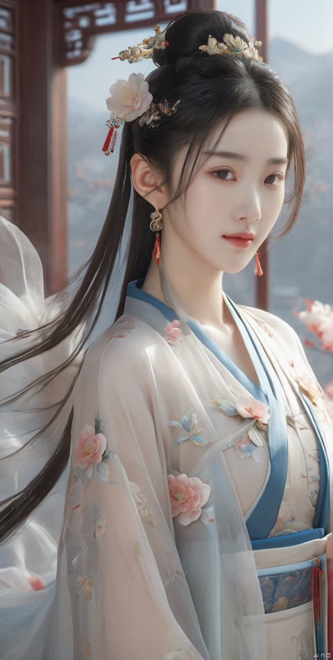  Best quality, Realistic, photorealistic, masterpiece, extremely detailed CG unity 8k wallpaper, best illumination, best shadow, huge filesize, incredibly absurdres, absurdres, looking at viewer, transparent, smog, gauze, vase, petals, room, ancient Chinese style, detailed background, wide shot background,
(((1gilr,black hair))), close up of 1girl,Hairpins,hair ornament,hair wings,slim,narrow waist,(huge breasts:1.5),perfect eyes,beautiful perfect face,pleasant smile,perfect female figure,detailed skin,charming,alluring,seductive,erotic,enchanting,delicate pattern,detailed complex and rich exquisite clothing detail,delicate intricate fabrics,
, See through