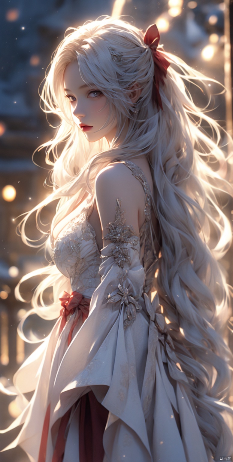  best quality,highly detailed,masterpiece,ultra-detailed,illustration,solo,an extremely delicate and beautiful,8k_wallpaper,ultra-detailed,cinematic lighting,white hair,bishoujo,extremely detailed,beautiful detailed eyes,medium breast,an extremely delicate and beautiful girl,world masterpiece theater,dynamic angle,looking_at_viewers,extremely detailed CG unity 8k wallpaper,glowing eyes,masterpiece,best illustration,beautiful detailed glow,shine,white_hair,full body,beautiful detailed starry sky,pony-tail,1girl,Bright stars,frills,hairs between eyes,dramatic_angle,Depth of field,red moon,cleavage dress,black leggings ,hair_bow,moon,stars, huliya, cute girl