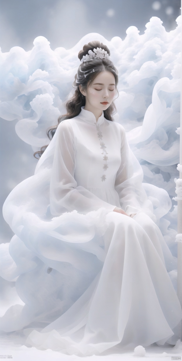  A girl sitting in the white snow closed her eyes and her body had turned white, Be covered with snow, All white, all white, all snow, White statue, (full_body:1.2), (full body:1.2), 
, sg, tm