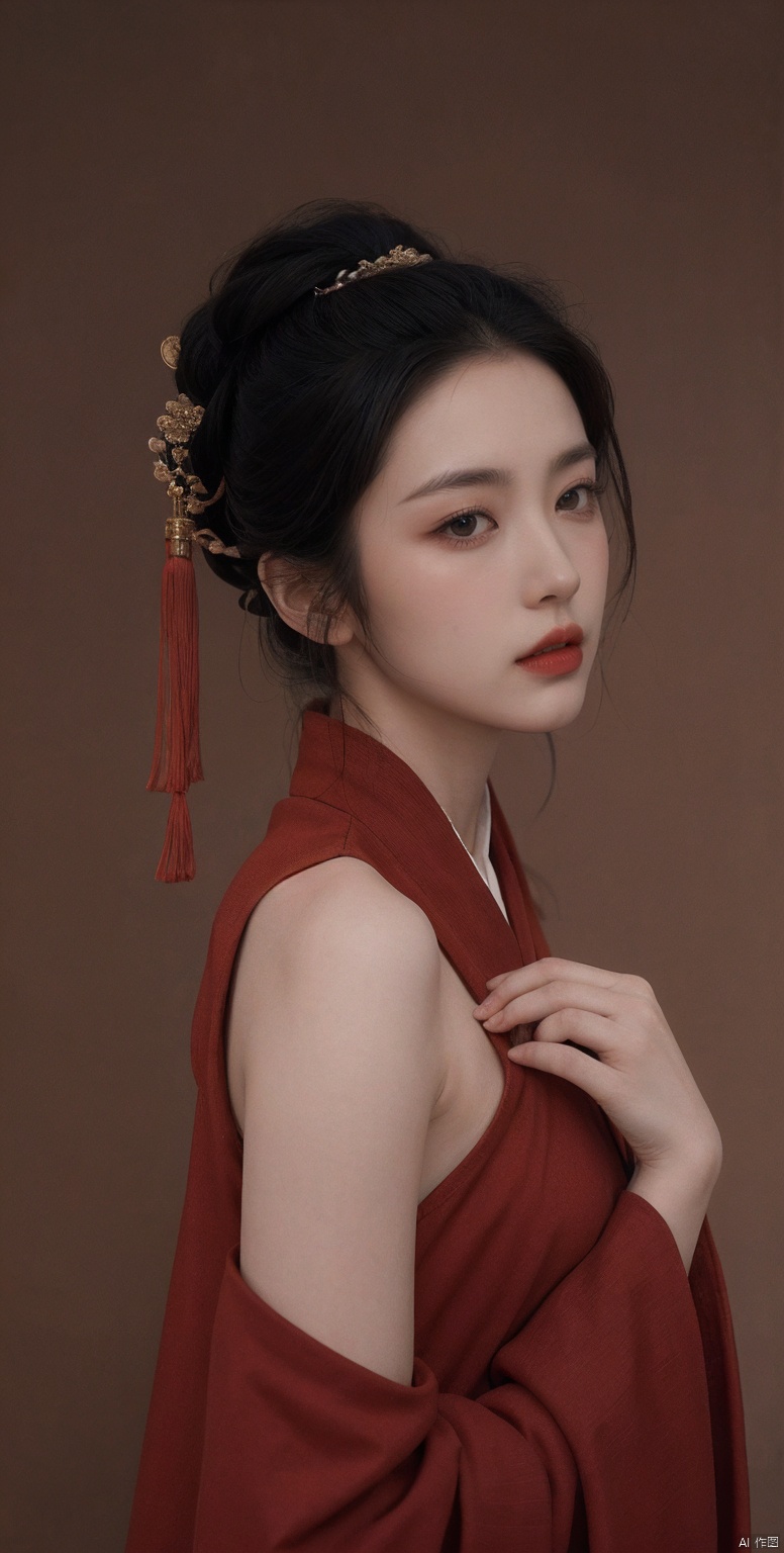  1girl, solo, long hair, looking at viewer, simple background, (black hair:1.2), closed mouth, upper body, artist name, from side, looking to the side, makeup, straight hair, brown background, red lips, (red Hanfu:1.2), (realistic:1.2), red robe, Chinese style