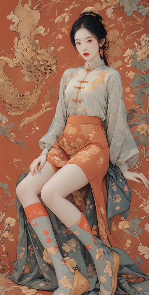  1girl,short skirt,pattern,red clothes,ruby_earrings,(tang:1.1),gold,golden dragon_print,((red background:1.1)),chinese style,(printed over-the-knee socks:1.2), sulong, sd_mai