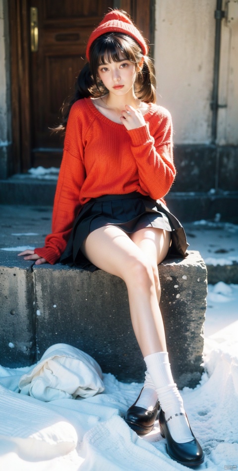  NH,1girl,solo,skirt,hat,black hair,red headwear,sweater,twintails,looking at viewer,outdoors,red sweater,bangs,grey skirt,photo background,pleated skirt,socks,long hair,long sleeves,black eyes,black skirt,
blurry background,blunt bangs,
black footwear,white socks,shoes,sleeves past wrists,day,
miniskirt,loose socks,snow,(sitting:1.3),, (raw photo:1.2),((photorealistic:1.4))best quality,masterpiece,illustration,an extremely delicate and beautiful,extremely detailed,CG,unity,8k wallpaper,Amazing,finely detail,masterpiece,best quality,official art,extremely detailed CG unity 8k wallpaper,absurdres,incredibly absurdres,huge filesize,ultra-detailed,highres,extremely detailed,beautiful detailed girl,cinematic lighting,1girl,pale skin,tall female,(perfect body shape),skinny body,Slender legs,, pale skin,tall man,long legs,thin leg, ytrc