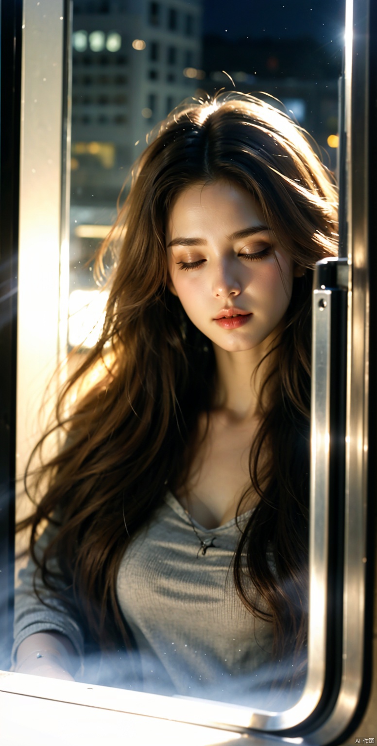  1girl leans against the door of a train, his eyes closed as he listens to music through his headphones,(The train is passing through a city at night), and the city lights flicker in the window behind him,his face is serene, a contrast to the bustling world outside,The scene captures a moment of personal tranquility amidst the urban chaos,(close up),dark lighting,cyberpunk,HUBG_Film_Texture,plns