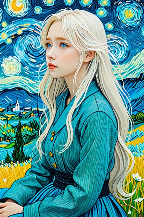  illustration, ((close)),from side,a kawaii girl with long white hair, featuring bangs and captivating blue eyes,sitting,looking at the sky, a path to dreams,(cartoon:1.2),BREAK,beauty,\
(Van Gogh's starry night\:1.2), dreams, health, art, illustrations,Create a dreamlike starry background, warm and beautiful, abstract and realistic, an extremely delicate and beautiful,extremely detailed,8k wallpaper,Amazing,finely detail,best quality,official art,extremely detailed, CG, unity, 8k, wallpaper , Children's Illustration Style, Scribble,