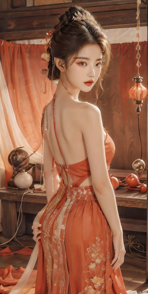 A seductive human model with an exquisite physique, dressed in an ancient Chinese bellyband, adorned with intricate embroidery and delicate patterns. The model’s shoulders and waist are provocatively exposed, and their long legs are highlighted by the clothing. The model has striking silver hair cascading down their back, adding an air of mystery and allure. The scene takes place in a traditional Chinese courtyard, with traditional architectural elements, such as red pillars, carved wooden doors, and stone pathways. The composition is centered around the model, with a balanced arrangement of the surrounding elements, creating a harmonious and visually pleasing image. The atmosphere is sensual and captivating, with a blend of sensuality and traditional elegance. The style is a mix of photography and digital art, with a focus on capturing the model’s beauty and the intricacies of the costume. , dunhuang, linkedress_red dress, mgirl