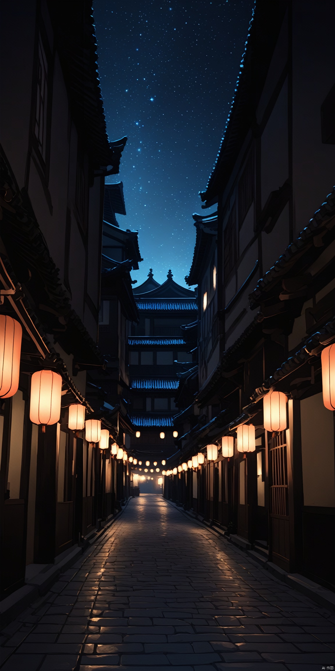 A pitch-black night with sparkling stars. The camera slowly zooms in, revealing an ancient courtyard with a few dim lanterns swaying, illuminating the silhouette of old buildings.