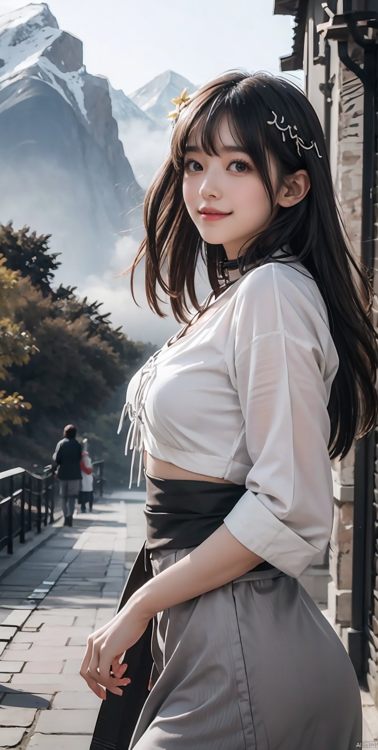 A couple strolls in the morning mist at the park. Their smiles are as bright as the sunlight, warming the entire scene. The camera slowly zooms out, revealing the beautiful scenery around them, with mountains, rivers, and their love reflecting each other.