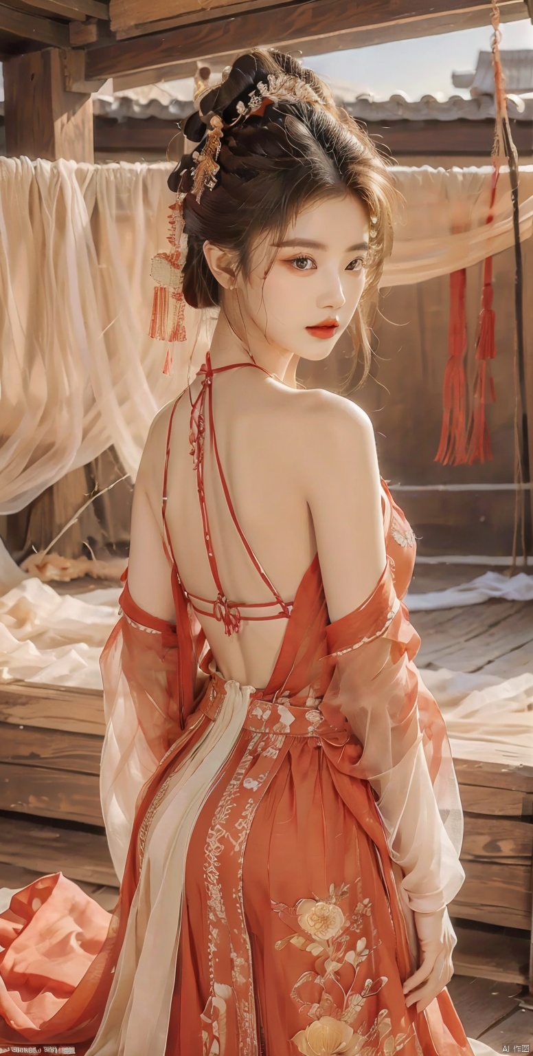 A seductive human model with an exquisite physique, dressed in an ancient Chinese bellyband, adorned with intricate embroidery and delicate patterns. The model’s shoulders and waist are provocatively exposed, and their long legs are highlighted by the clothing. The model has striking silver hair cascading down their back, adding an air of mystery and allure. The scene takes place in a traditional Chinese courtyard, with traditional architectural elements, such as red pillars, carved wooden doors, and stone pathways. The composition is centered around the model, with a balanced arrangement of the surrounding elements, creating a harmonious and visually pleasing image. The atmosphere is sensual and captivating, with a blend of sensuality and traditional elegance. The style is a mix of photography and digital art, with a focus on capturing the model’s beauty and the intricacies of the costume. , dunhuang, linkedress_red dress, mgirl