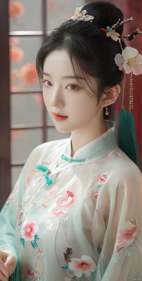  Best quality, Realistic, photorealistic, masterpiece, extremely detailed CG unity 8k wallpaper, best illumination, best shadow, huge filesize, incredibly absurdres, absurdres, looking at viewer, transparent, smog, gauze, vase, petals, room, ancient Chinese style, detailed background, wide shot background,
(((1gilr,black hair))), close up of 1girl,Hairpins,hair ornament,hair wings,slim,narrow waist,(huge breasts:1.5),perfect eyes,beautiful perfect face,pleasant smile,perfect female figure,detailed skin,charming,alluring,seductive,erotic,enchanting,delicate pattern,detailed complex and rich exquisite clothing detail,delicate intricate fabrics,
, See through, qipao