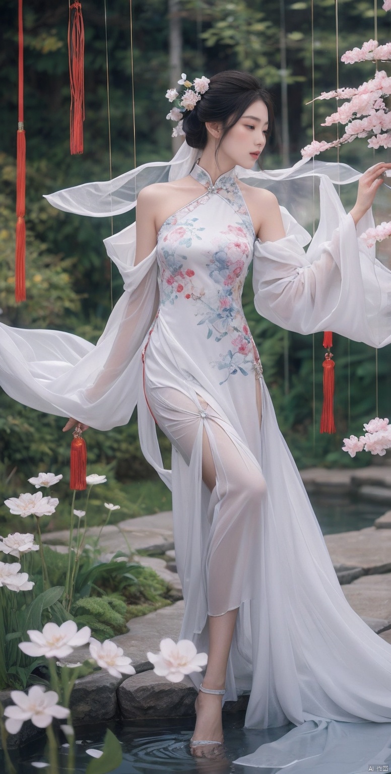  traditional Chinese scenery, a gorgeous woman in a flowing qipao dress, floating in mid-air with grace, surrounded by ethereal mist, a mystical garden with cherry blossom trees and koi ponds, the sound of wind chimes filling the air, captured in a traditional Chinese ink painting style, with delicate brushwork and textured paper, evoking a sense of tranquility and elegance
, cute girl